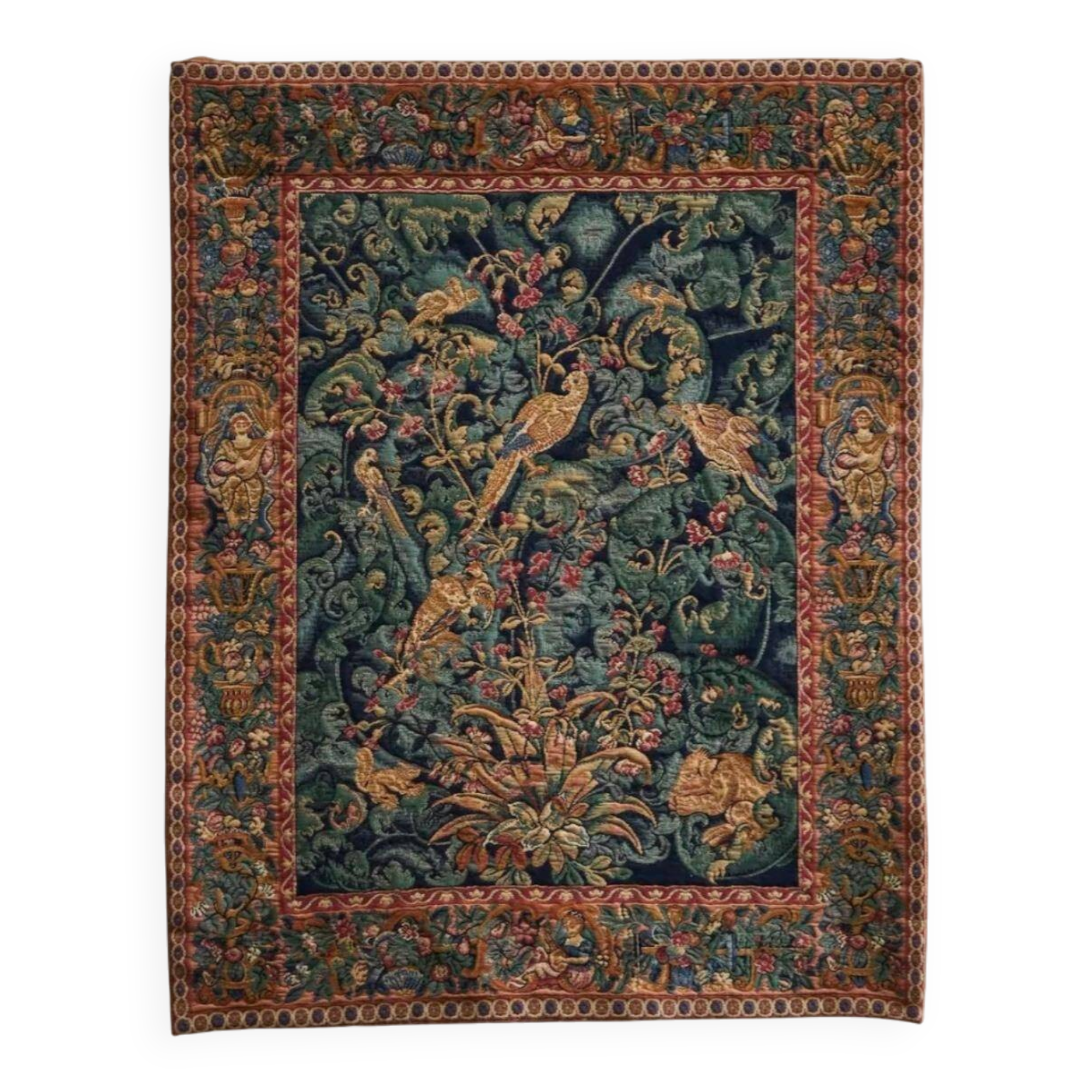 Mid Century wall tapestry with birds, animals, and leaves, Belgium 1960s.