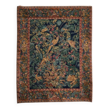 Mid Century wall tapestry with birds, animals, and leaves, Belgium 1960s.