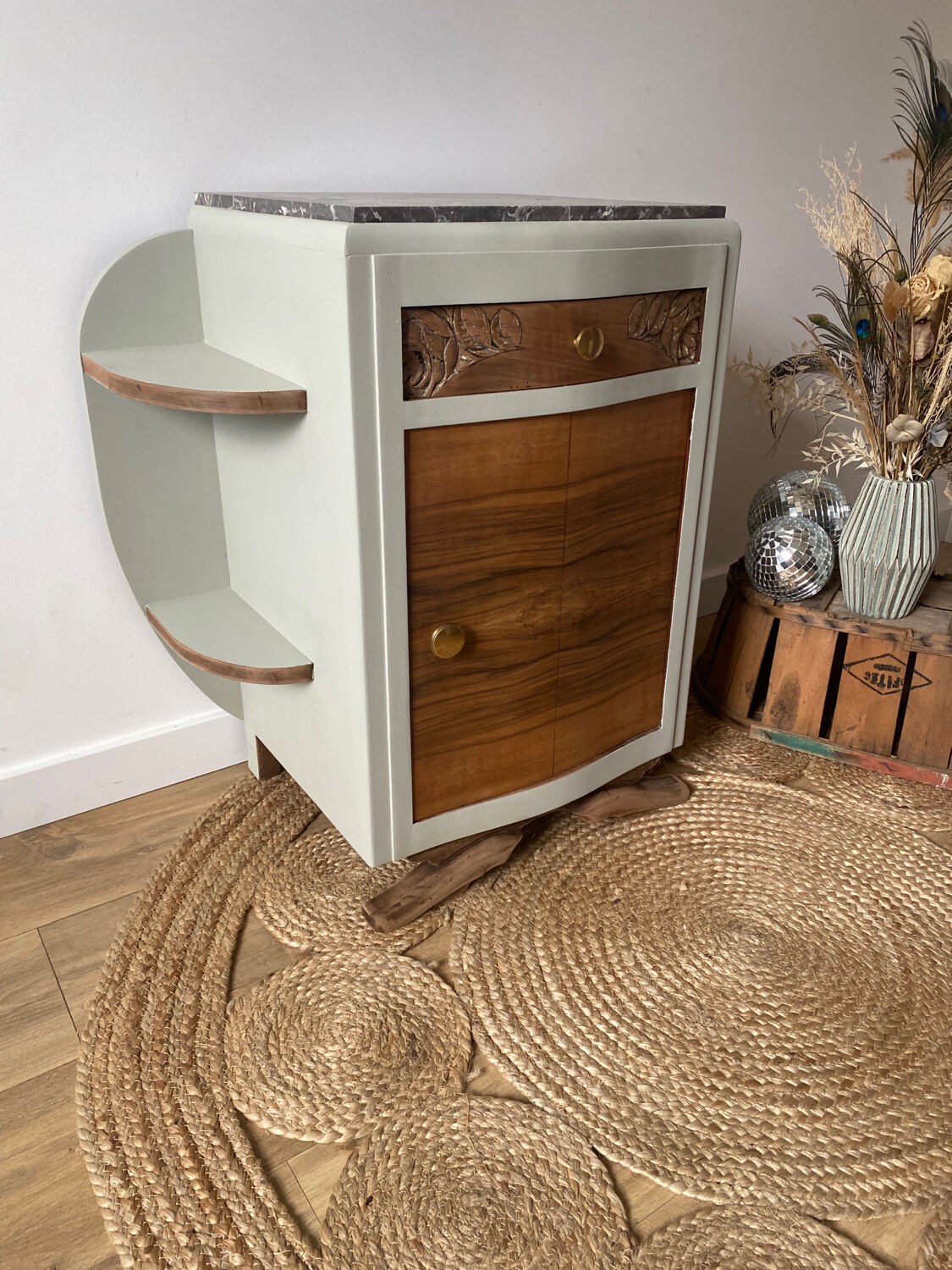 Pair of mismatched art deco bedside tables in green and wood