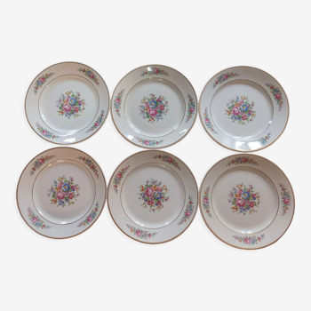 Set of 6 flat porcelain plates signed Badonviller floral and golden