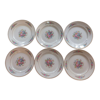 Lot de 6 assiettes plates en porcelaine signées Badonviller fleuris et dorées