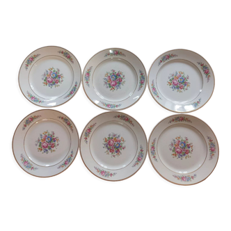 Set of 6 flat porcelain plates signed Badonviller floral and golden