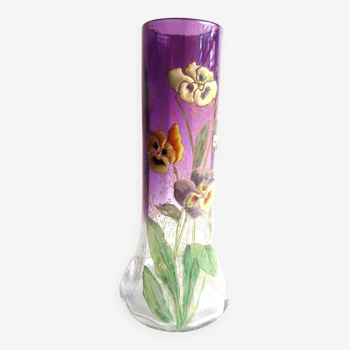 Vase émaillé legras, pensées multicolores, verre violet dégradé incolore