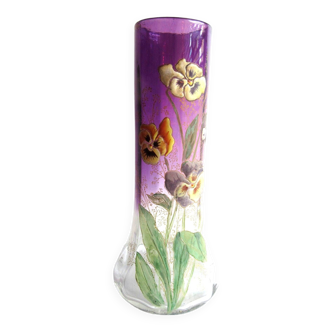 Vase émaillé legras, pensées multicolores, verre violet dégradé incolore