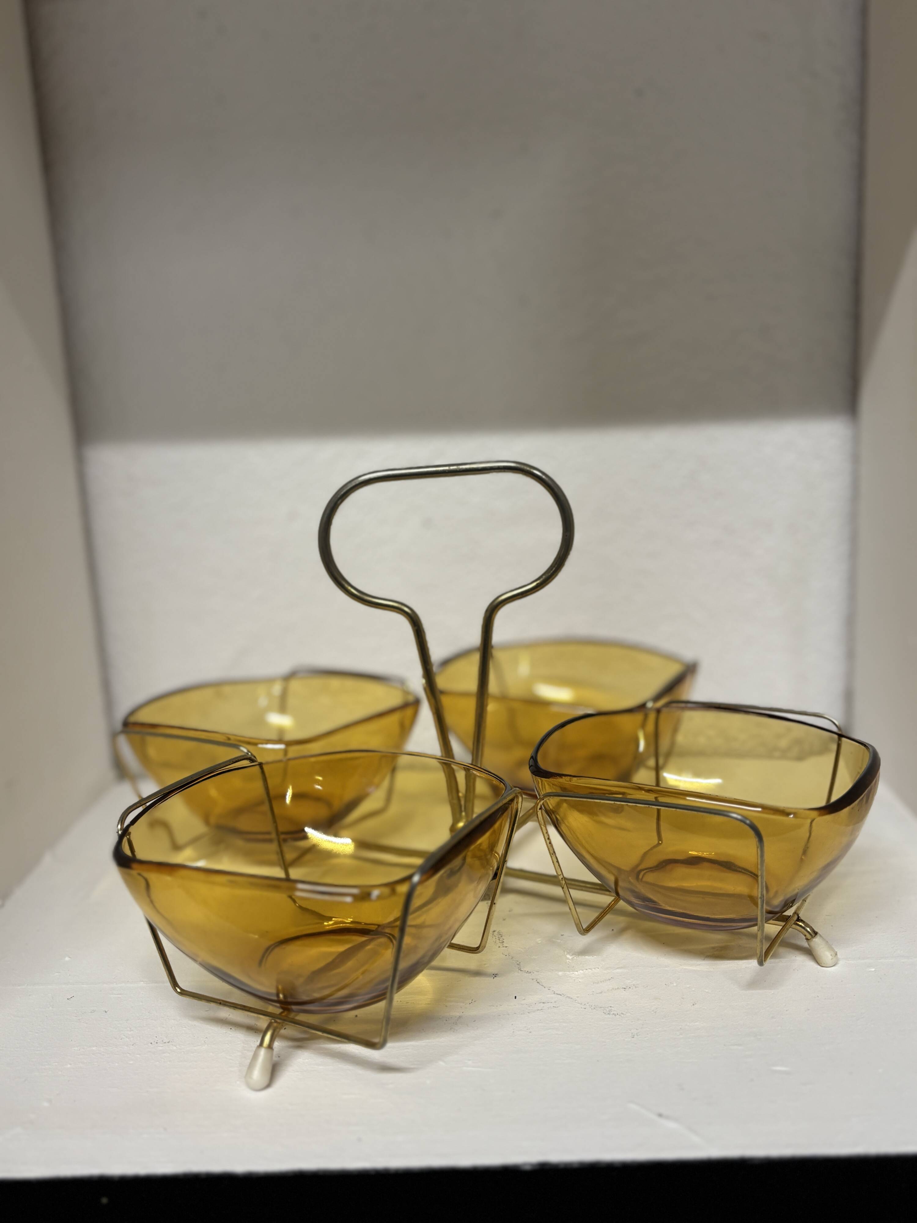 Vintage Aperitif Tray by Vereco Amber Glass and Gold Metal ⎥ 1970s