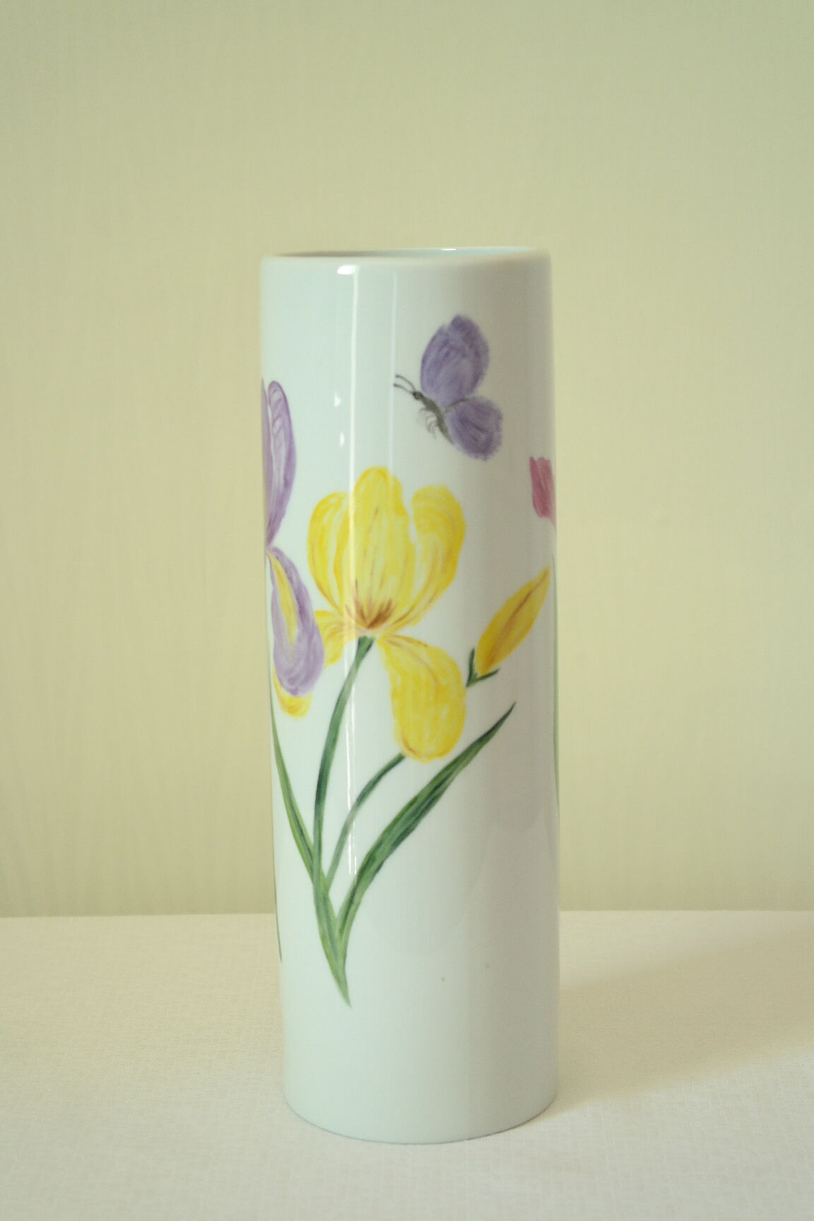 Tubular vase Limoges porcelain bucolic decoration hand painted signed