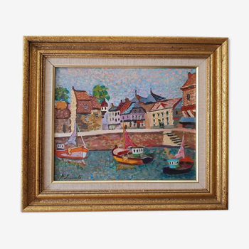 Le port d'Honfleur, huile sur panneau en pointilliste