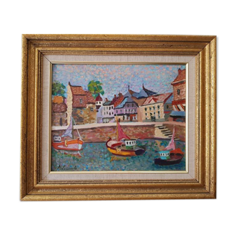 Le port d'Honfleur, huile sur panneau en pointilliste