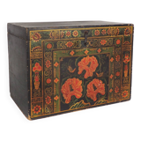 Malle ancienne en bois avec illustrations de pivoines, Chine, vers 1900