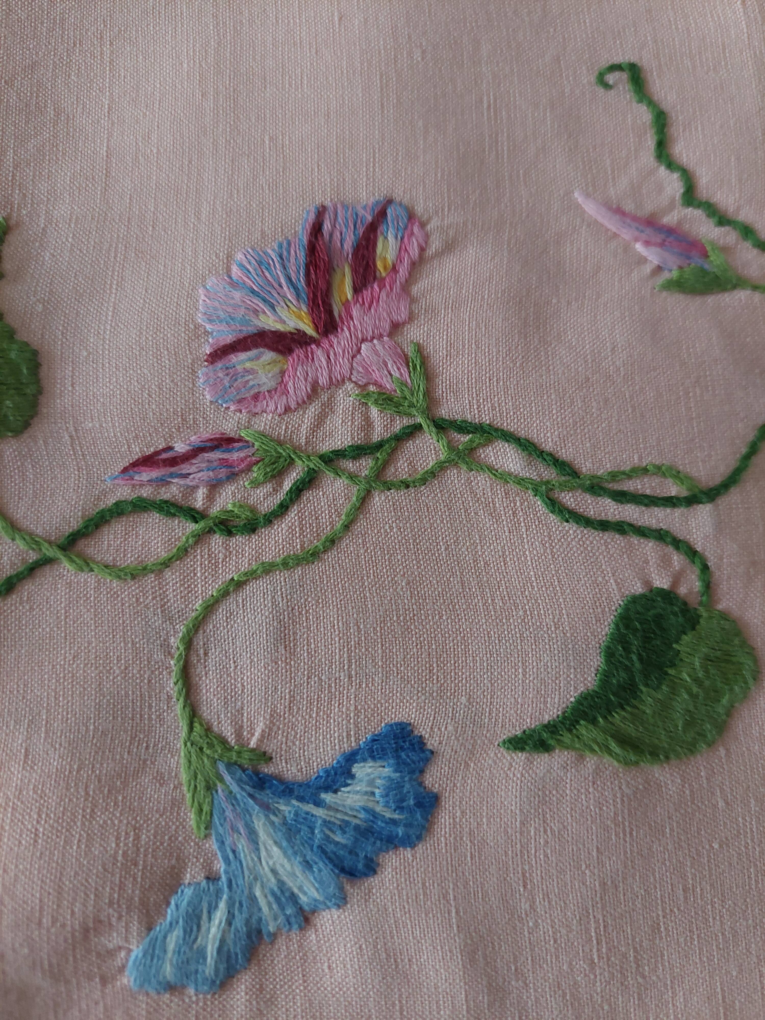 Antique pink cotton tablecloth with embroidered multicolored flowers
