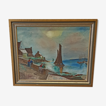 Paysage marin vintage, huile sur toile, signée 1947.
