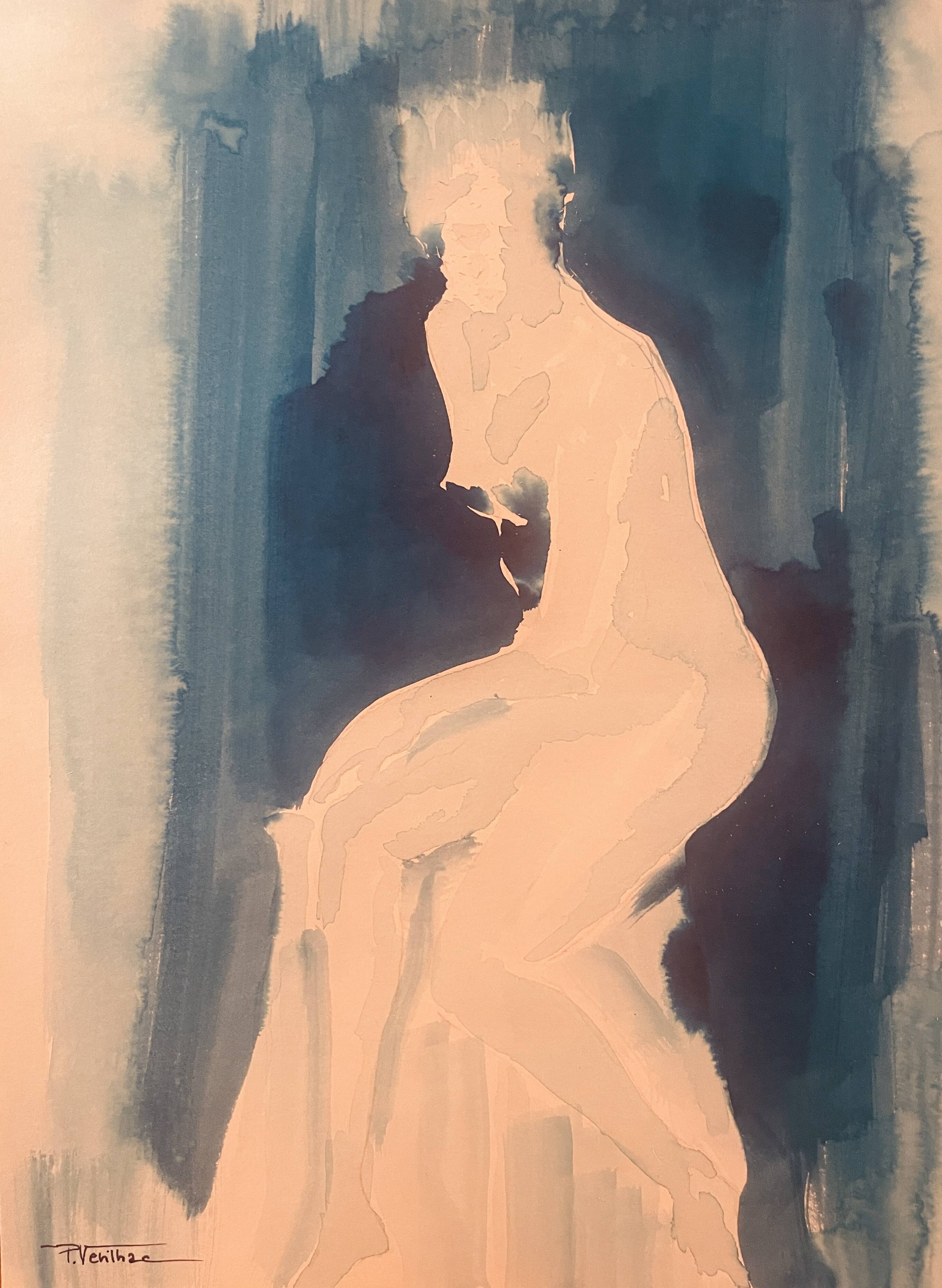 Monochrome blue watercolour tableau collection "blue lady" the pose, signed.