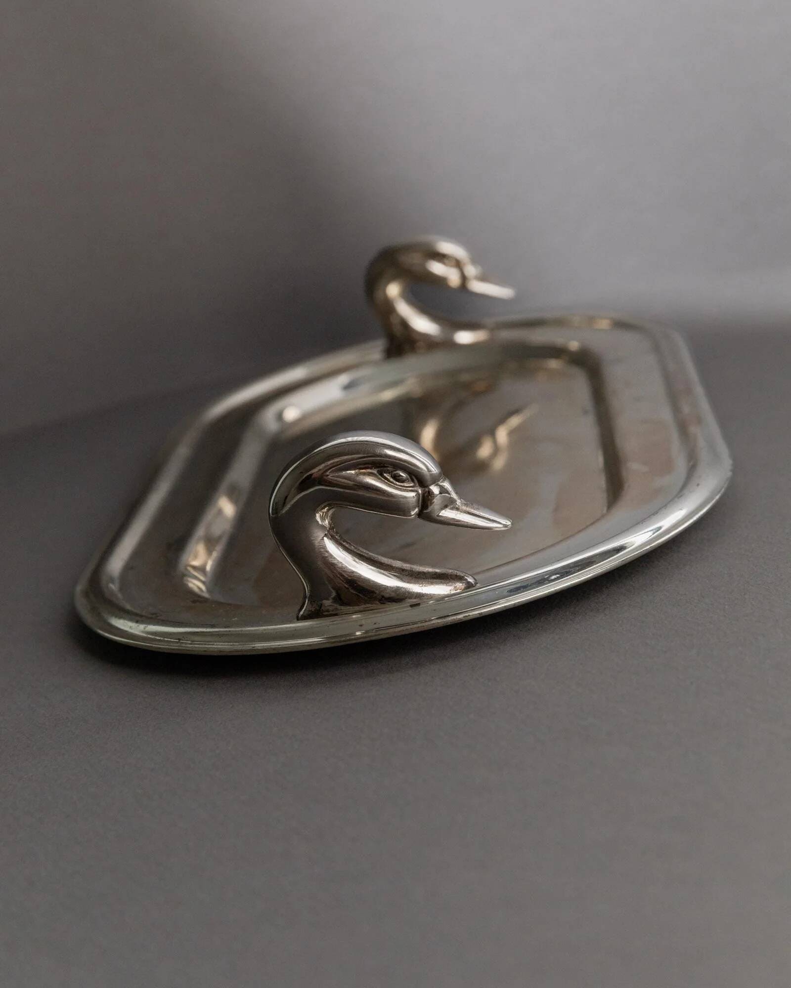 1960s vintage silver-plated oval tray with swan head handles.