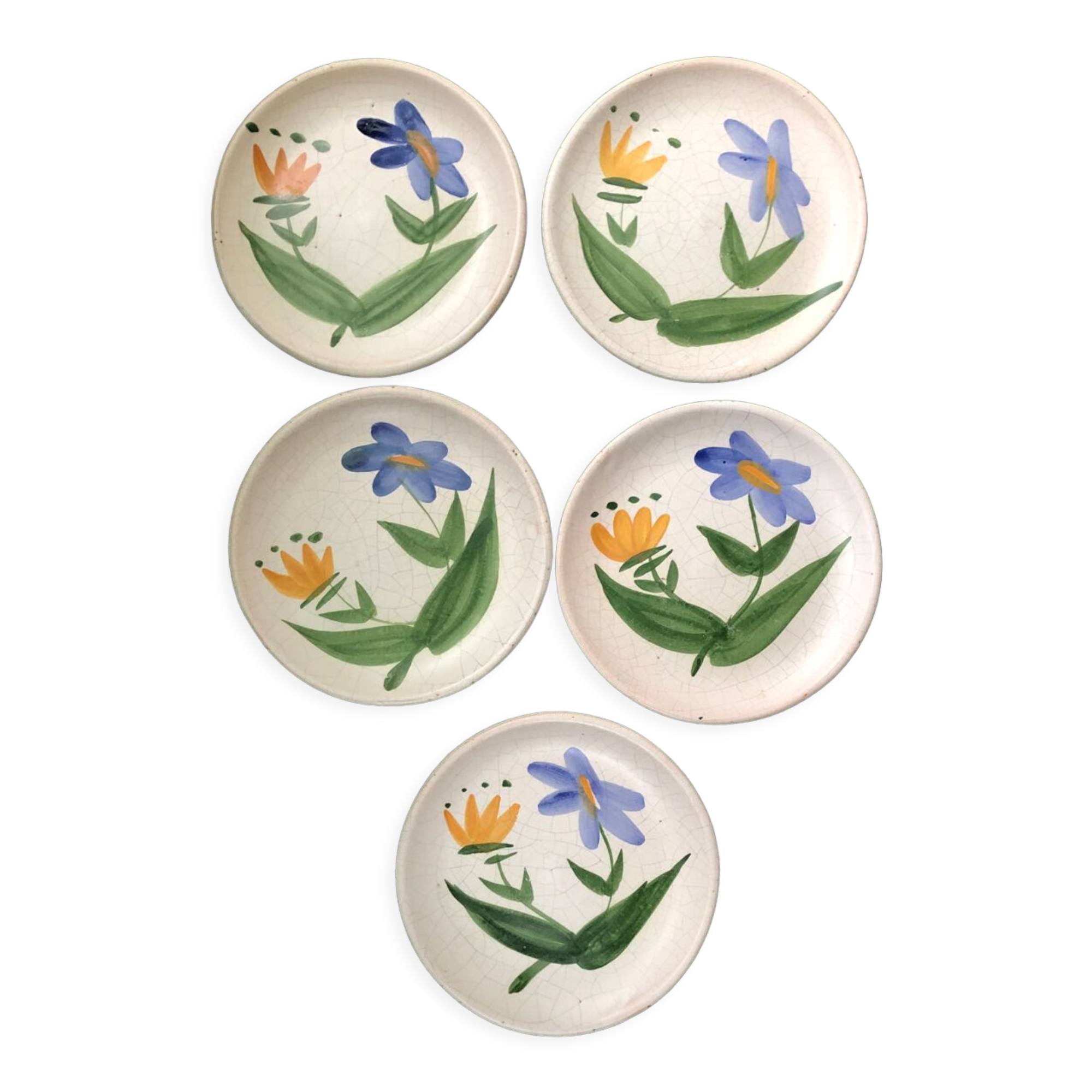 5 assiettes plates décor grosses fleurs Vallauris vers 1950