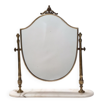 Élégant miroir de courtoisie vintage avec cadre en laiton et base en marbre, Italie