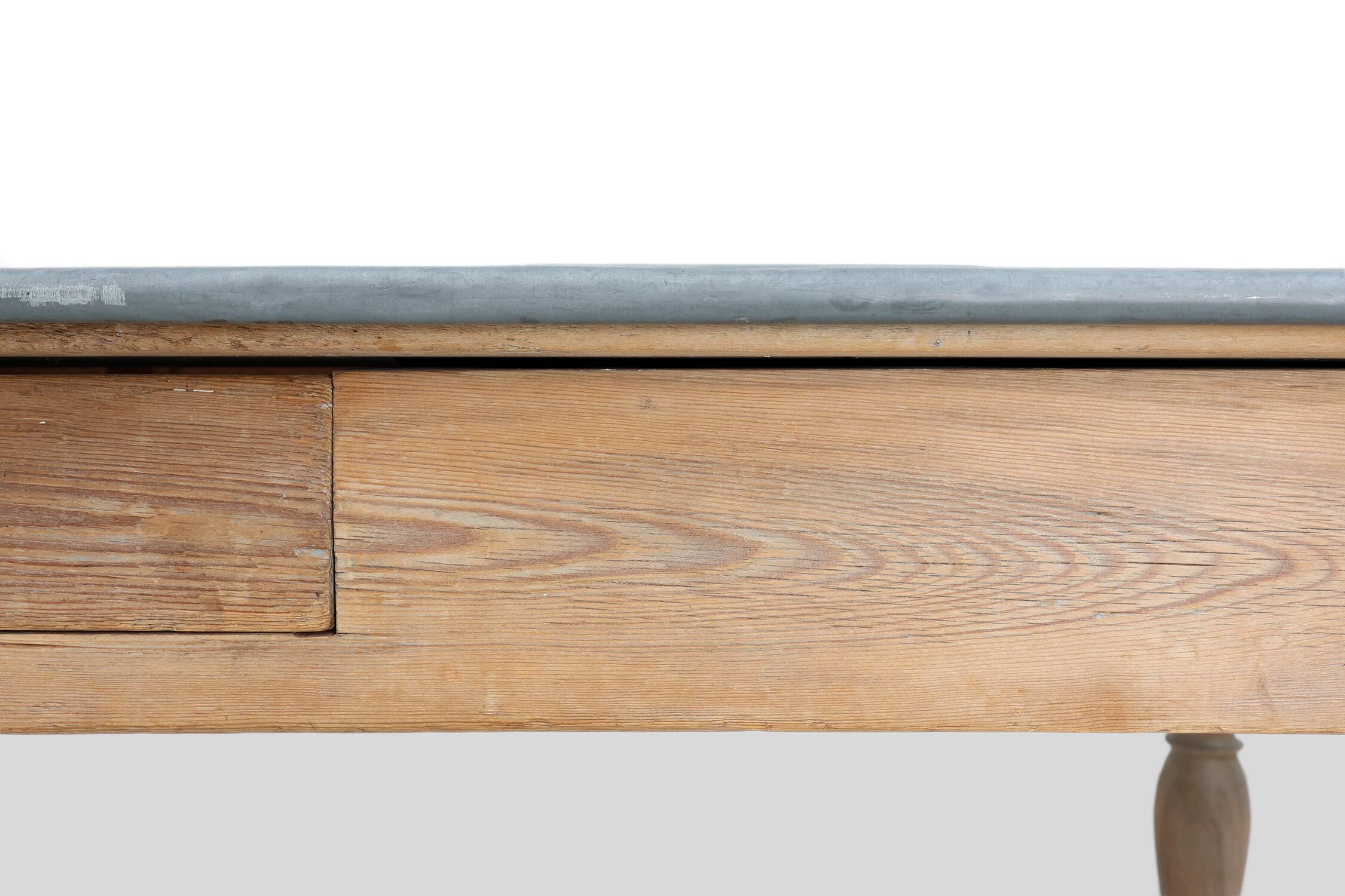 Rustic French pine wood dinner table with zinc top, ca. 1850