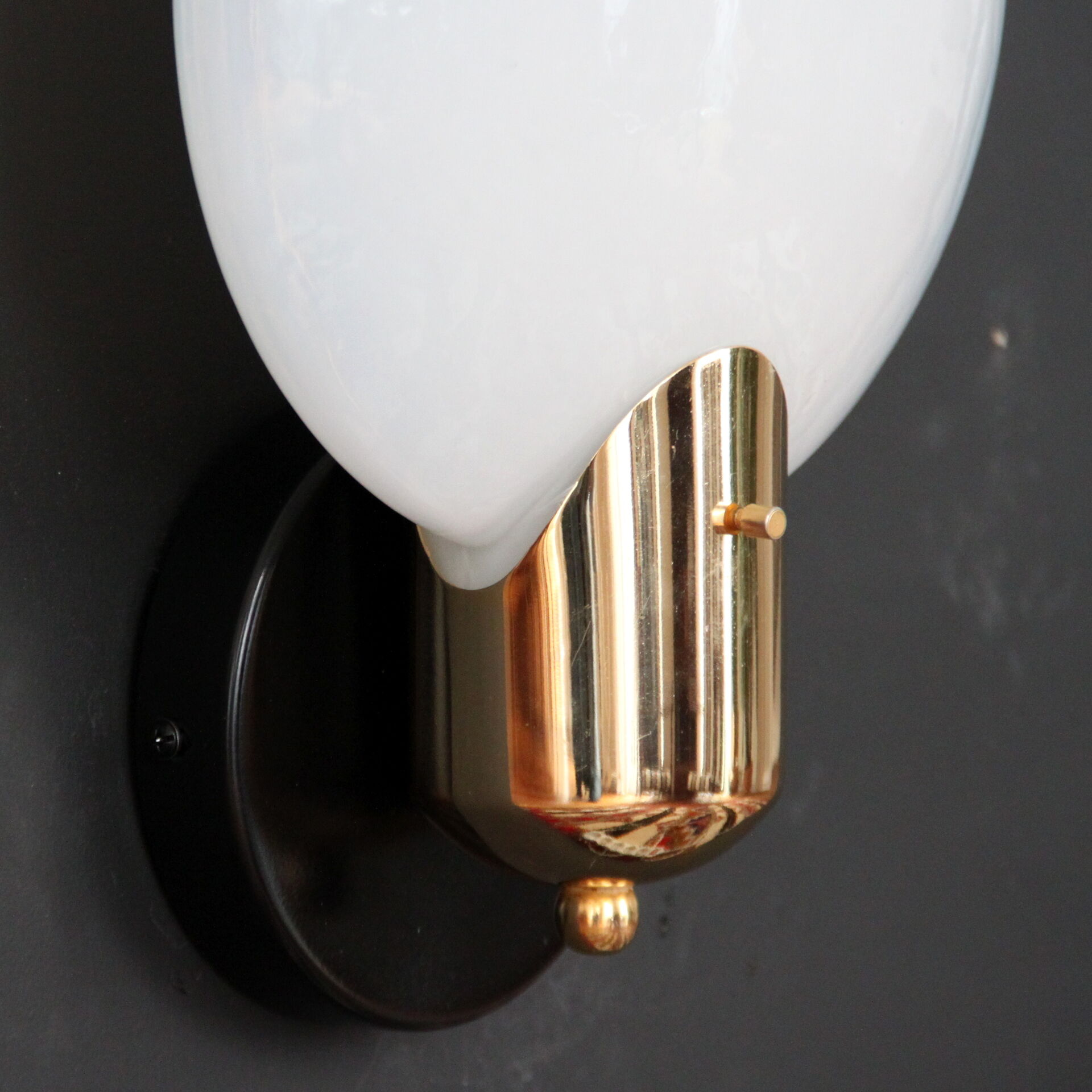 Pair of vintage wall lamps glass globe opalescent gold metal circa 1960