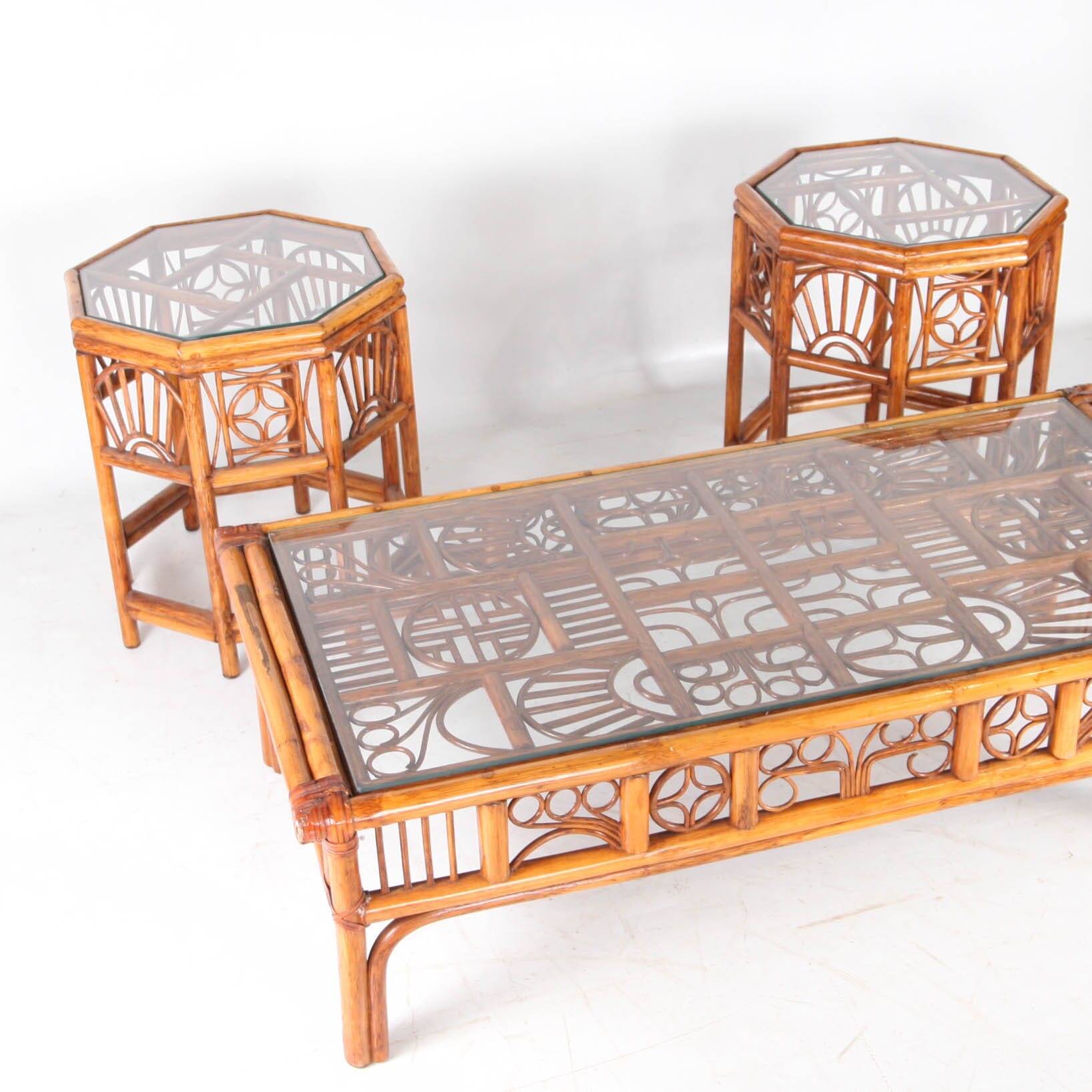 Ensemble de 3 tables basses en rotin