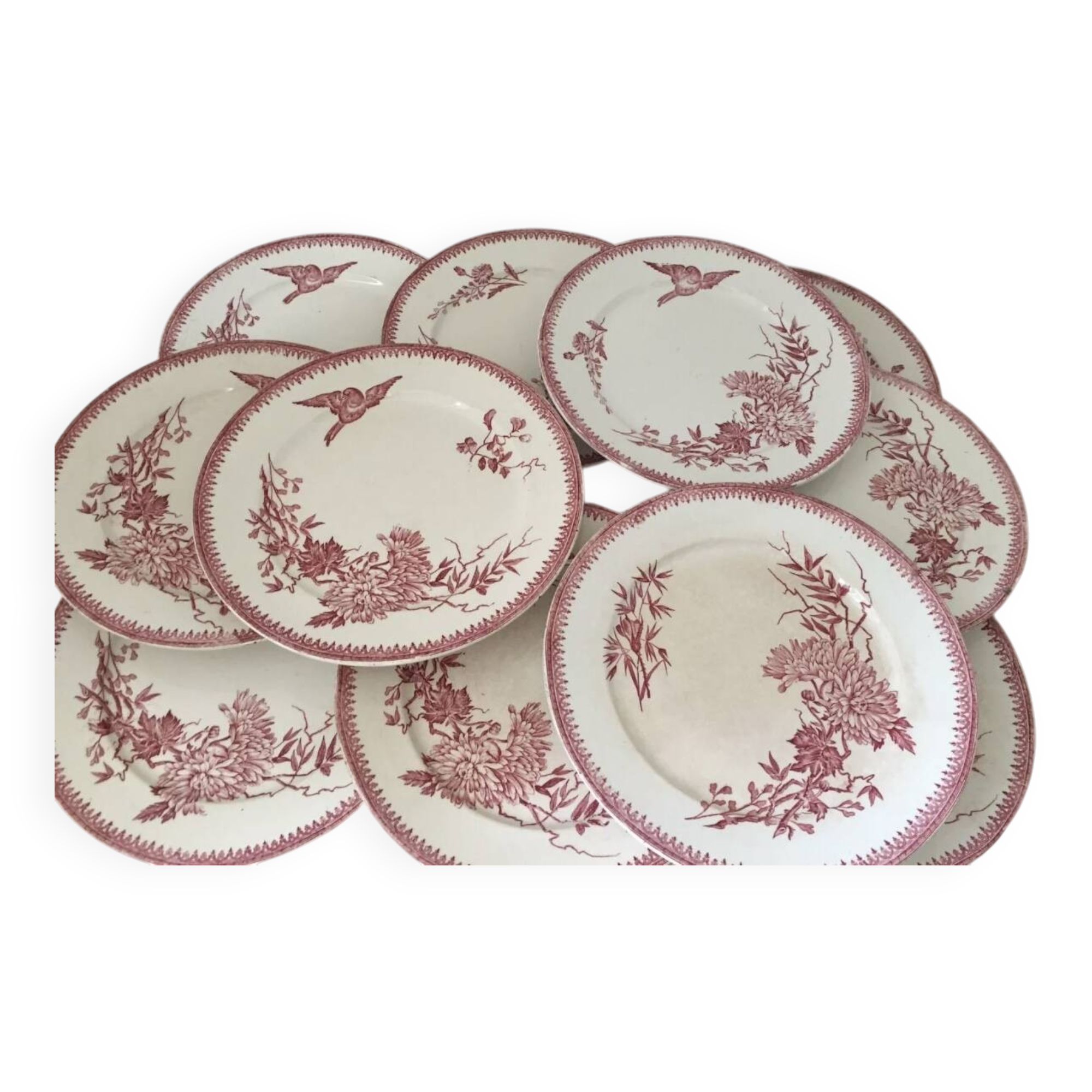 Assiette FF Pexonne Terre de Fer décor rose oiseaux XIX