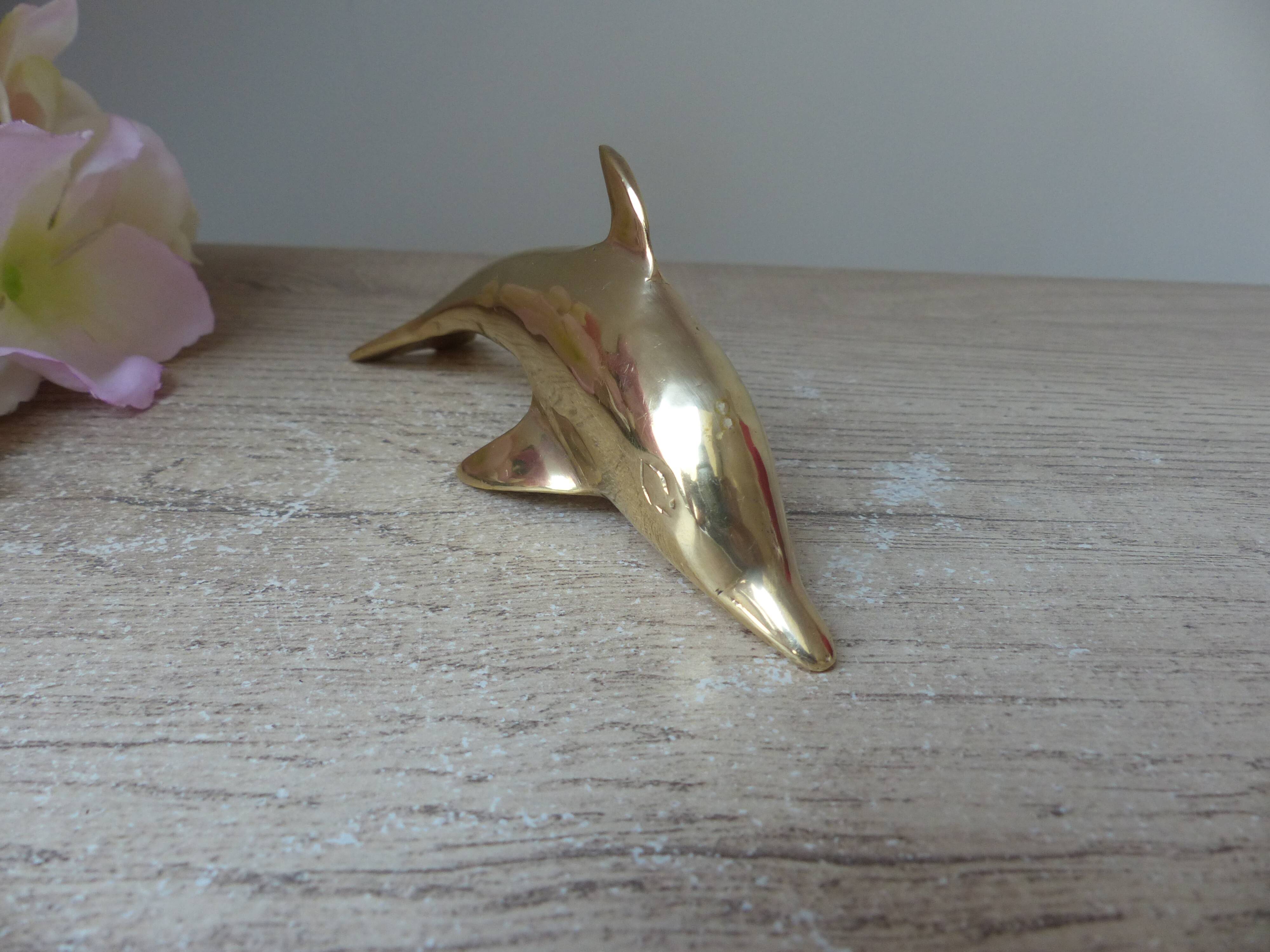 Golden Brass Dolphin Figurine, Dolphin Paperweight Desk Decoration