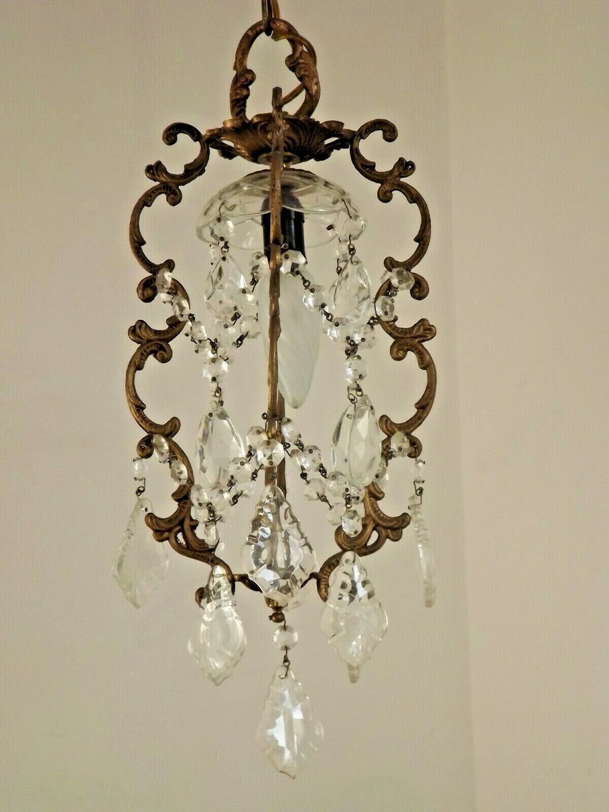 French antique small brass crystal & glass single light cage chandelier 3277