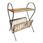 Black metal and woven wicker magazine rack