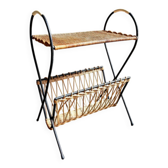 Black metal and woven wicker magazine rack