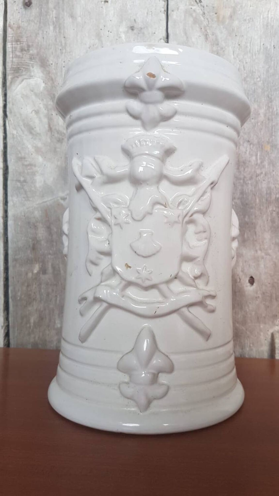 Old White Ceramic Vase Vintage Coat of Arms Decor #A697