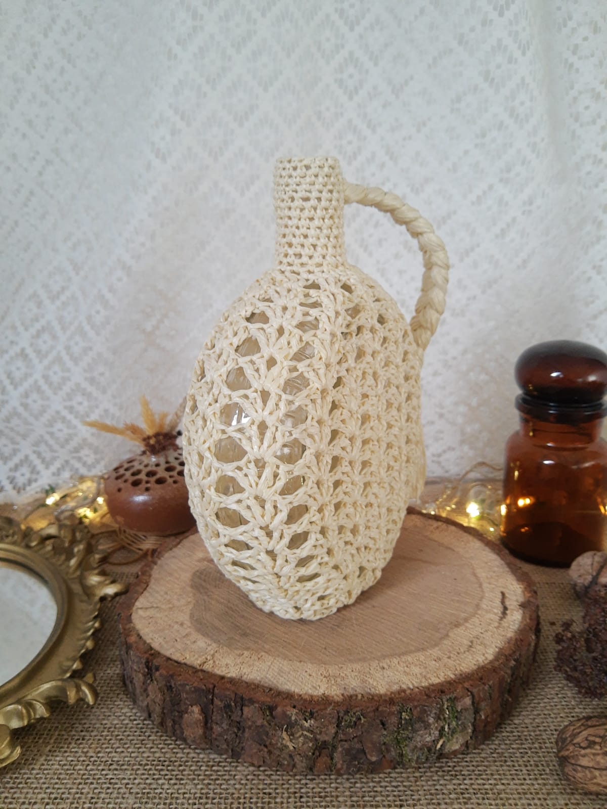 Bottle / vase soliflore macramé raffia / vintage plastic