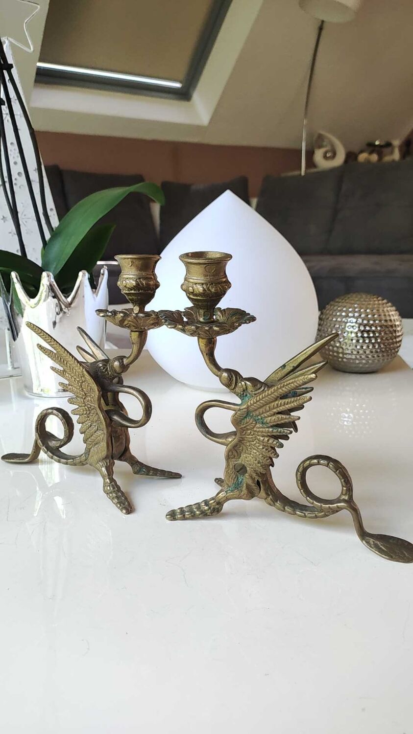 Pair of bougeoirs antiques dragons winged / chimeras / phoenix, style napoleon iii, 19th. in gilded bronze