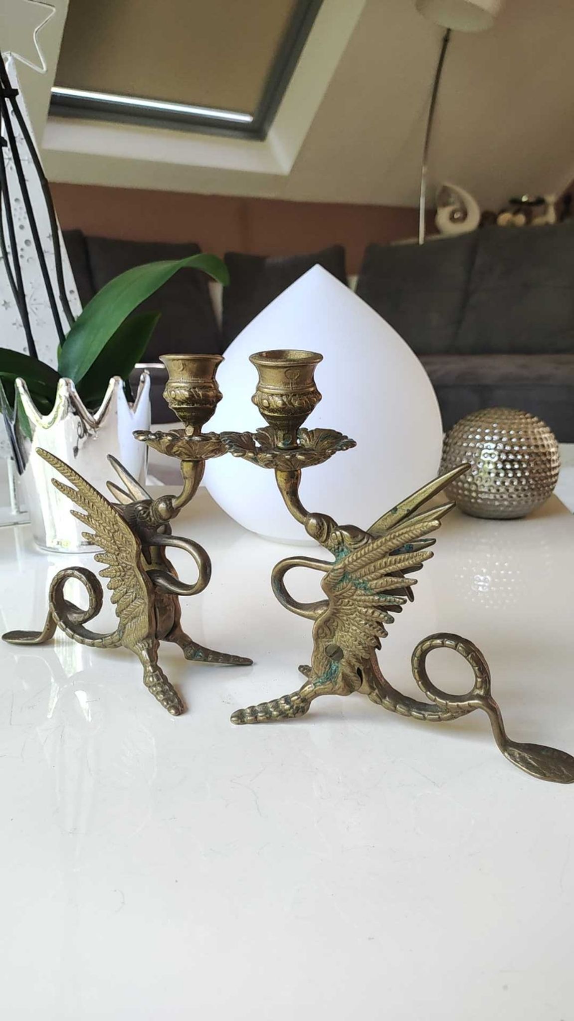 Pair of bougeoirs antiques dragons winged / chimeras / phoenix, style napoleon iii, 19th. in gilded bronze