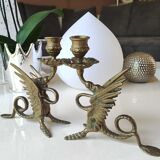 Pair of bougeoirs antiques dragons winged / chimeras / phoenix, style napoleon iii, 19th. in gilded bronze