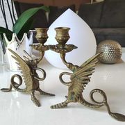 Pair of bougeoirs antiques dragons winged / chimeras / phoenix, style napoleon iii, 19th. in gilded bronze