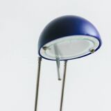 Blue-painted metal shade, chrome articulated arm desk lamp in Memphis-style 80s Pop Art with red base and yellow accents