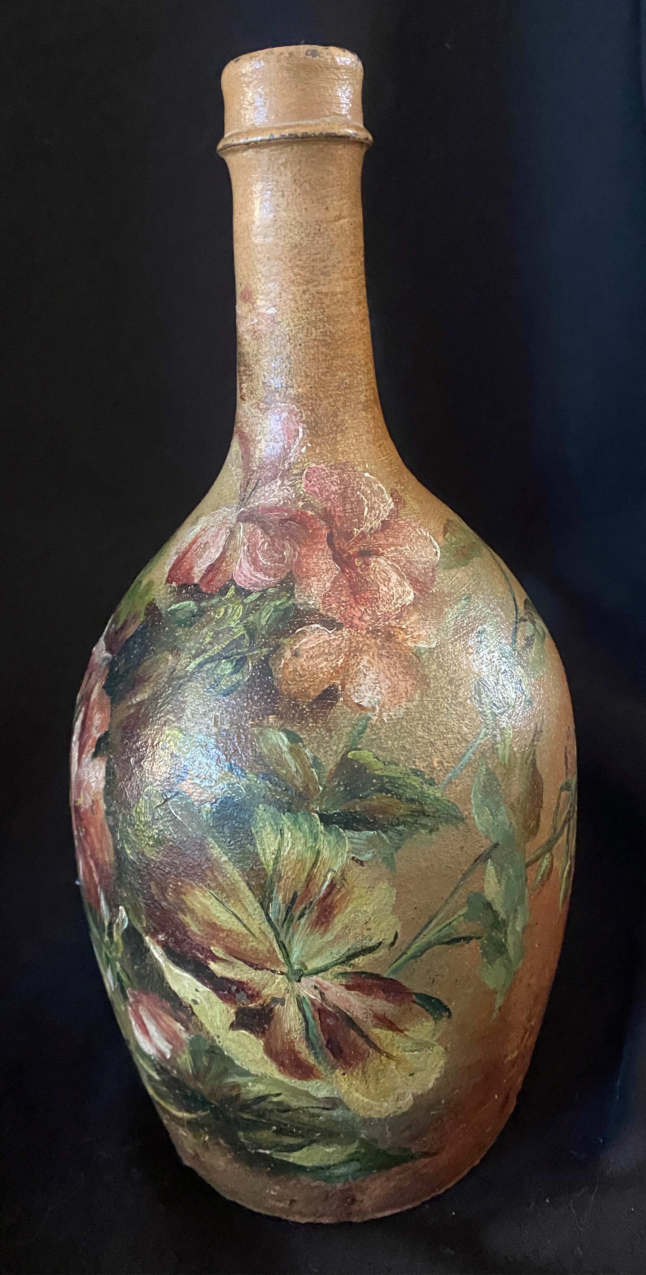 Beautiful bottle A ancient sandstone painted with floral motifs Folk art Puisaye