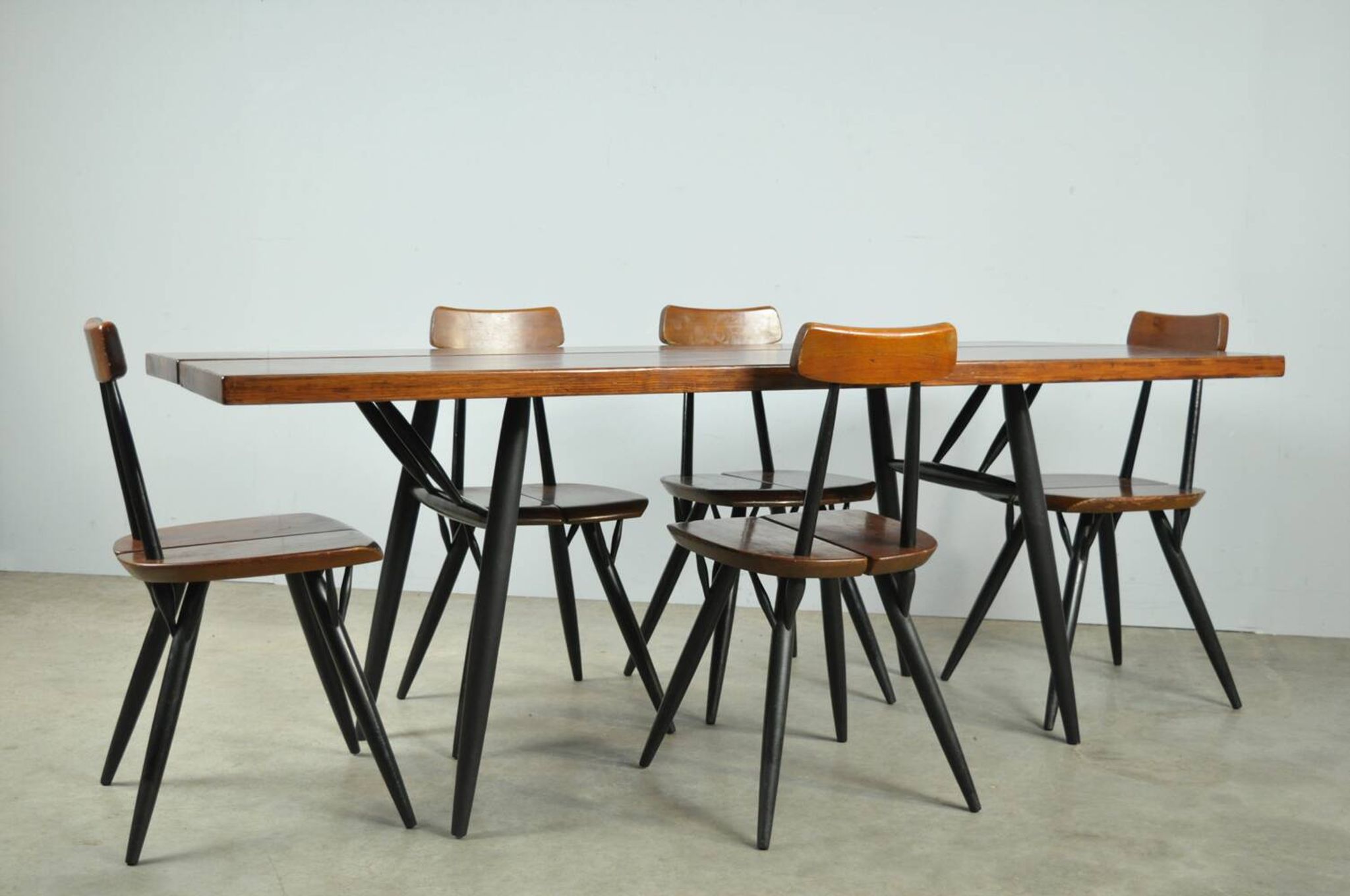 🟡 PIRKKA dining table chairs, Ilmari Tapiovaara, Laukaan Puu, Finland 1950