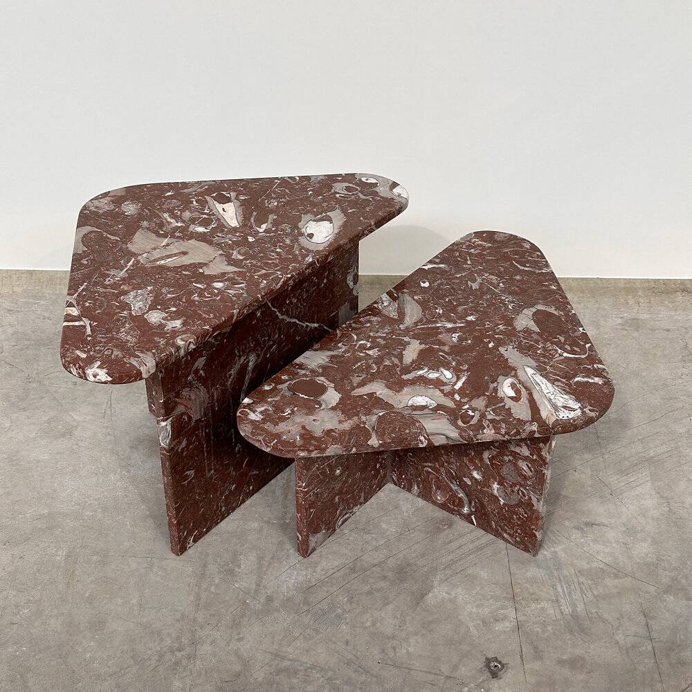 Set of 2 Belgian Rouge Griotte marble coffee tables, vintage postmodern nesting