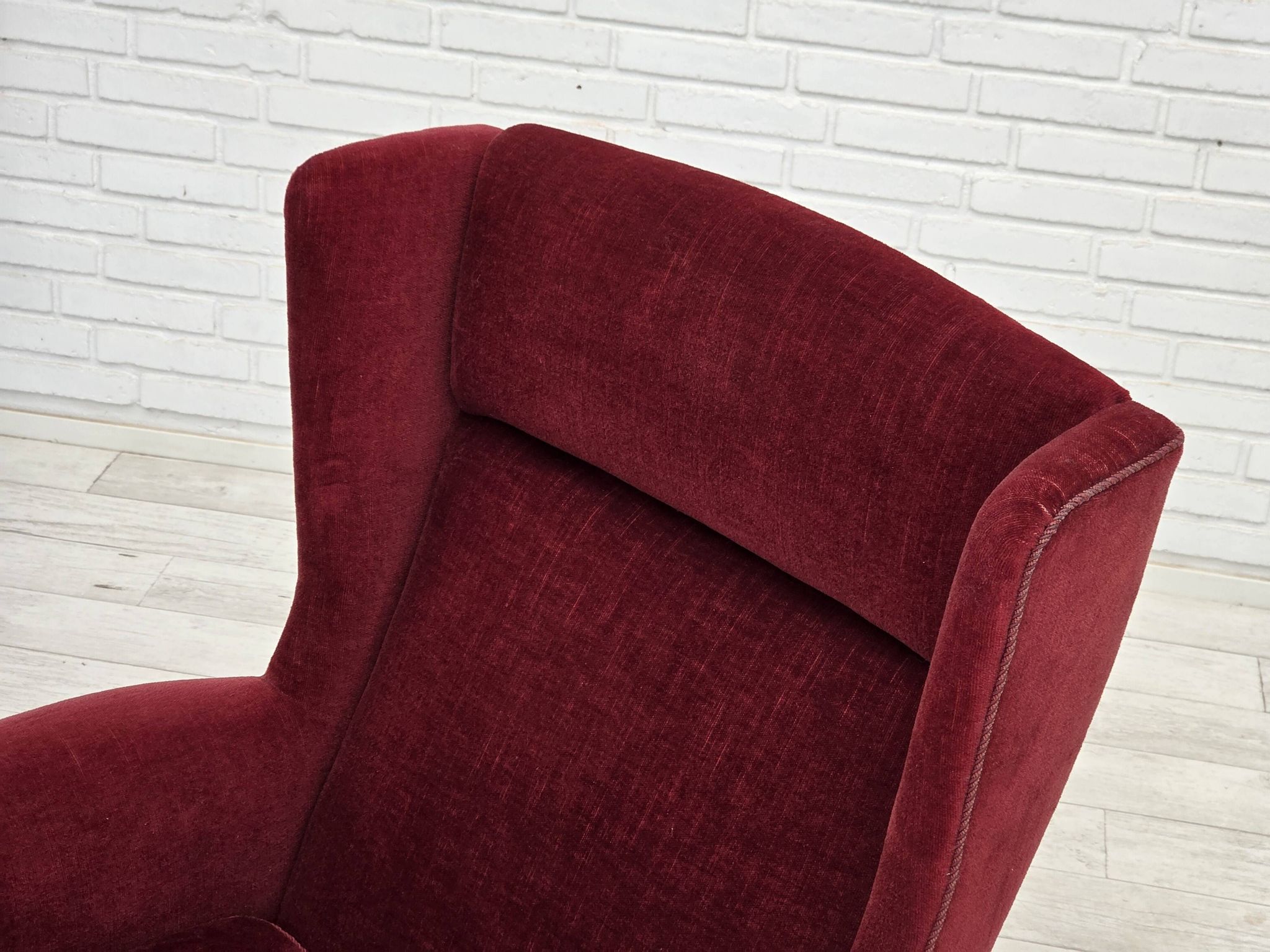 1970s, Danish highback chair, cherry-red furniture velour, ash wood legs.