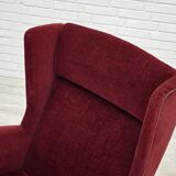 1970s, Danish highback chair, cherry-red furniture velour, ash wood legs.