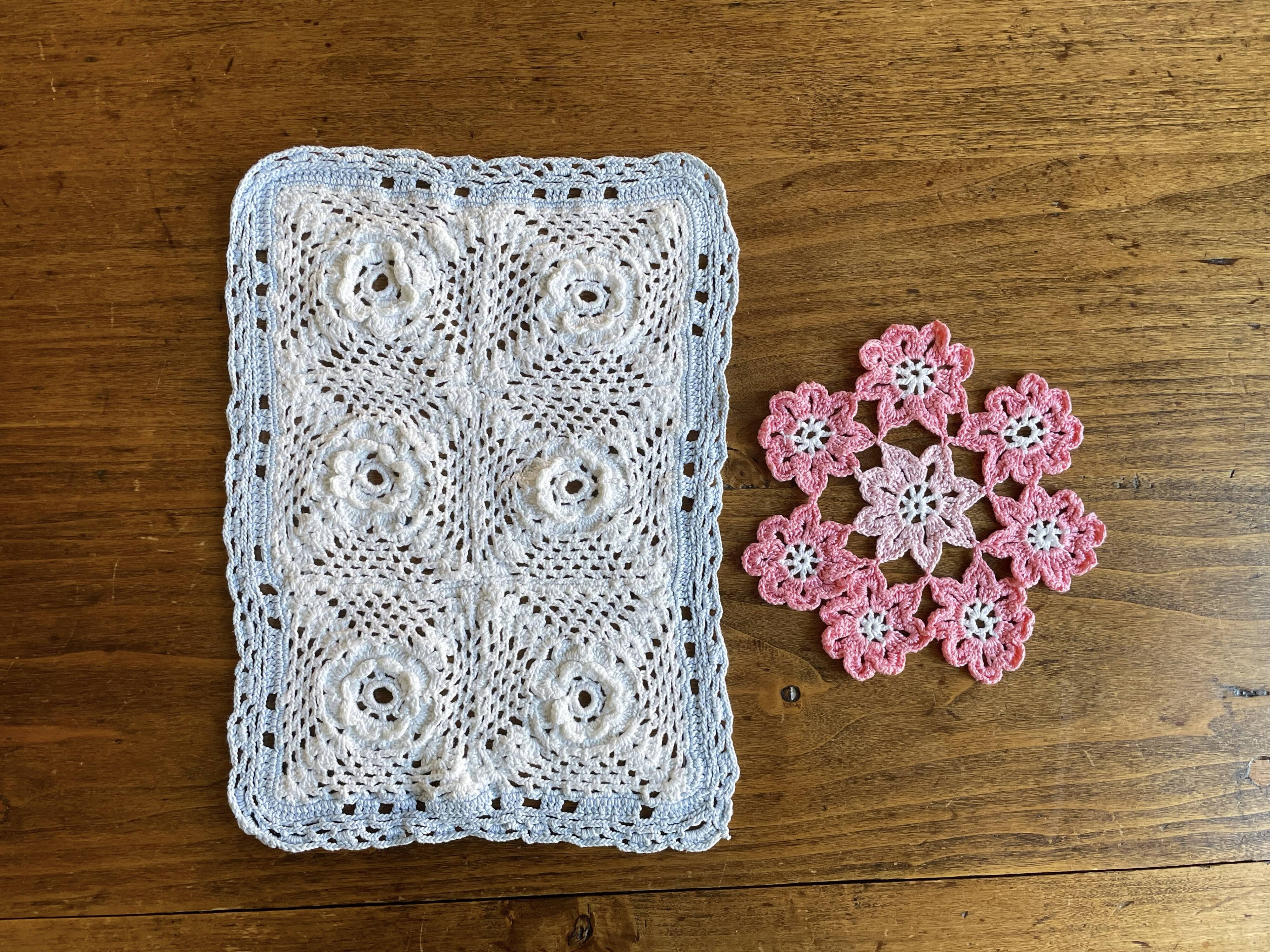 Set of 2 vintage crochet placemats - white, pink and blue