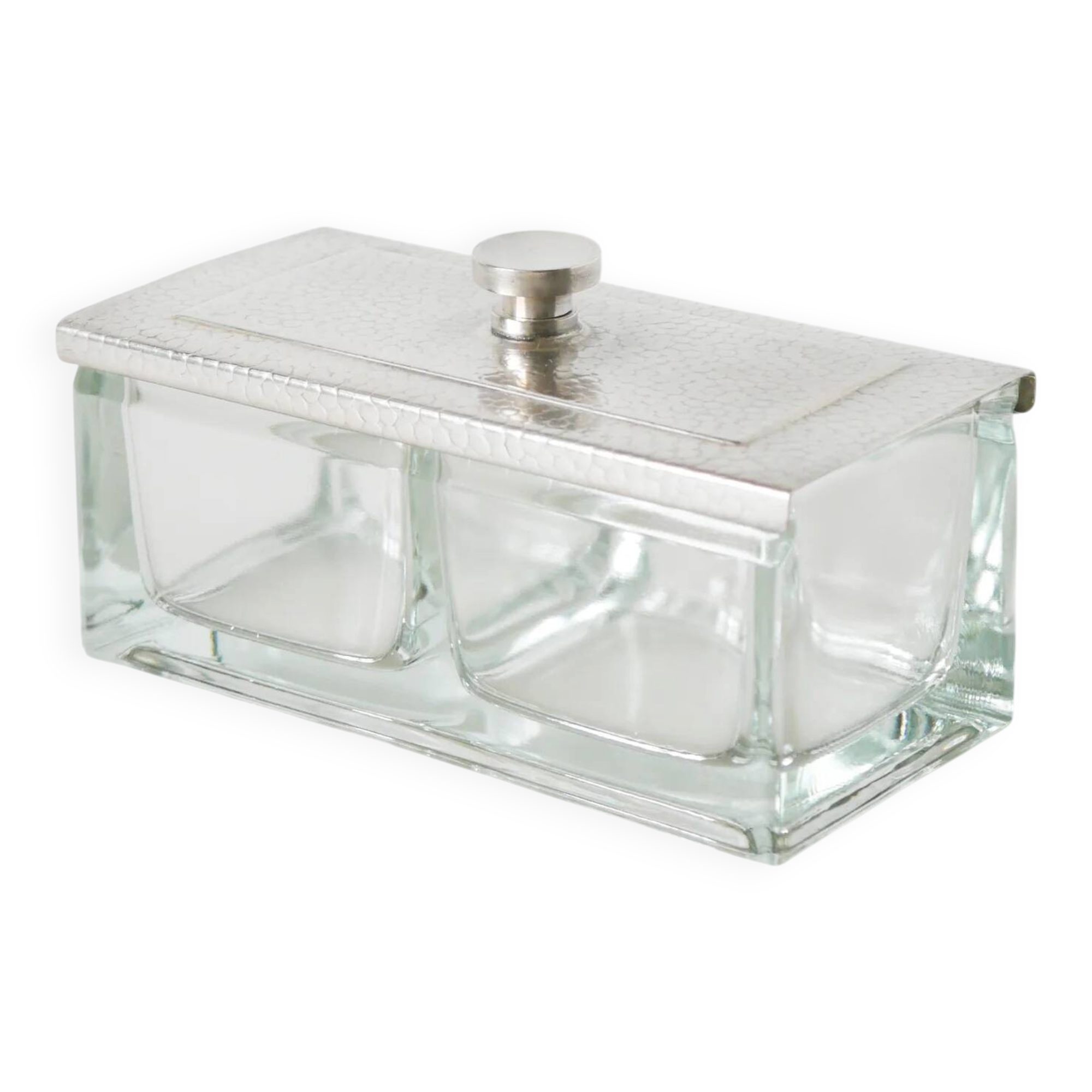 Silver-plated and glass condiment pot, 1930