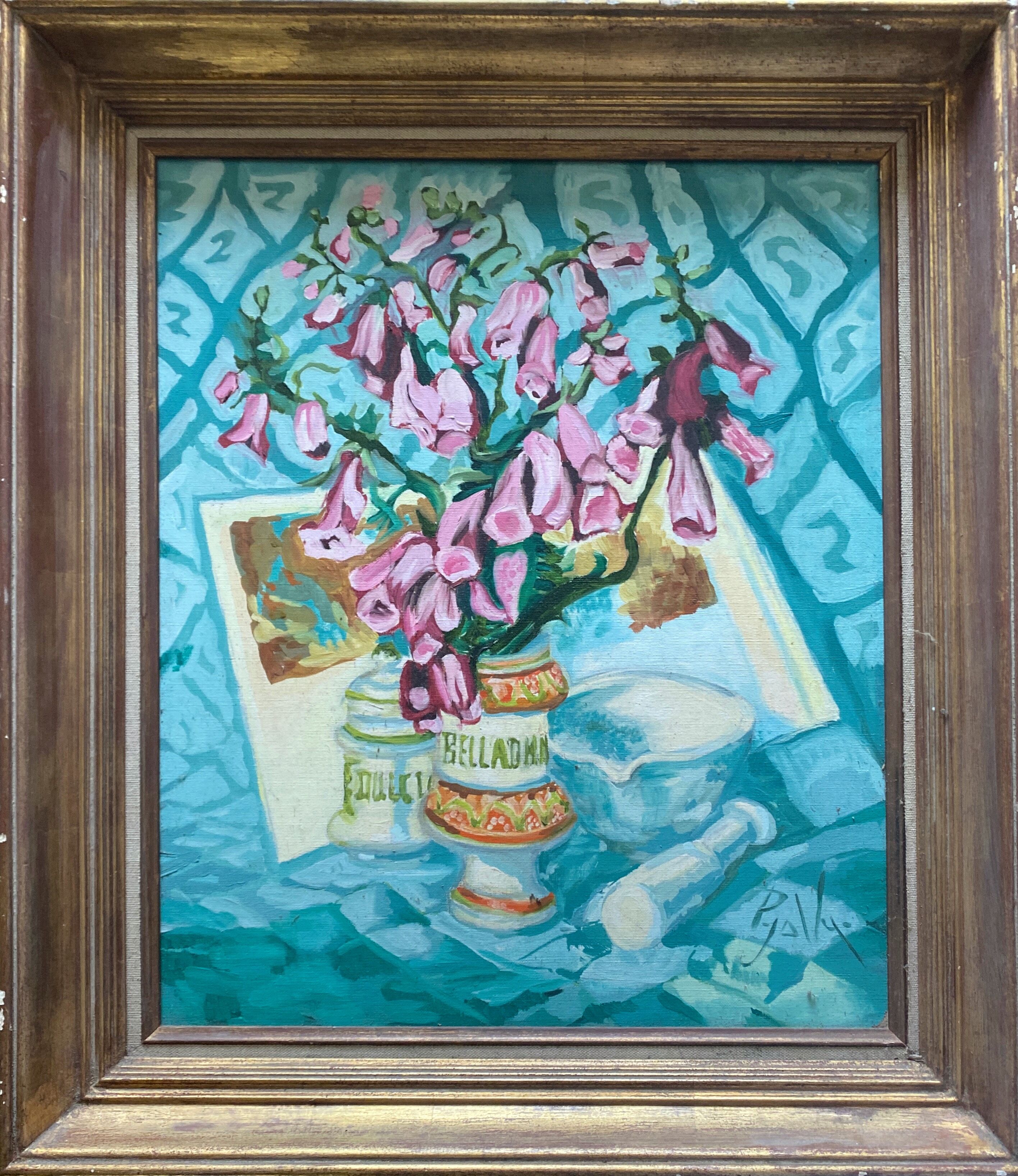 Painting "Bouquet of foxgloves" apothecary pot signed P. Jally and frame