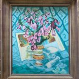 Painting "Bouquet of foxgloves" apothecary pot signed P. Jally and frame