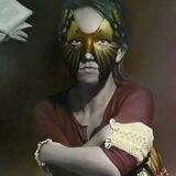 Surrealist painting on panel, “Young Woman with Books”