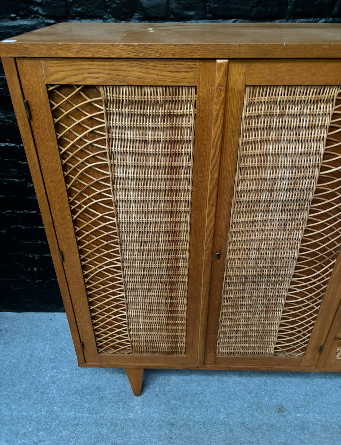 Vintage retro 1960s rattan and wood cabinet with desk section