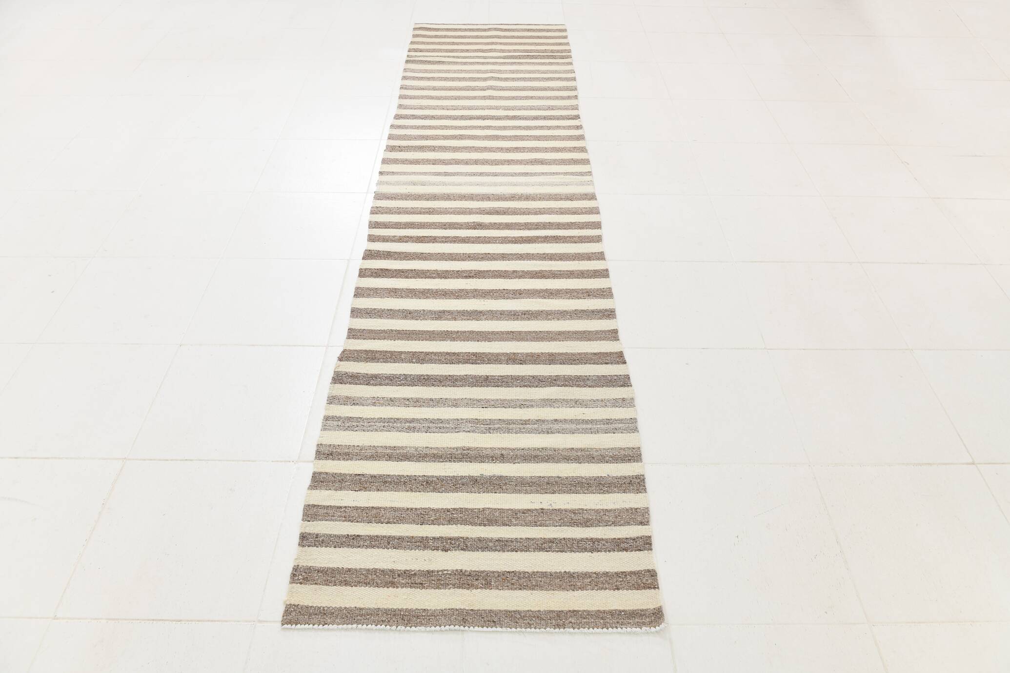 Brown Beige Striped Vintage Kilim Runner Rug, 78x330Cm
