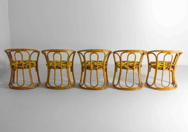 Ensemble funky de cinq chaises en bambou des années 60