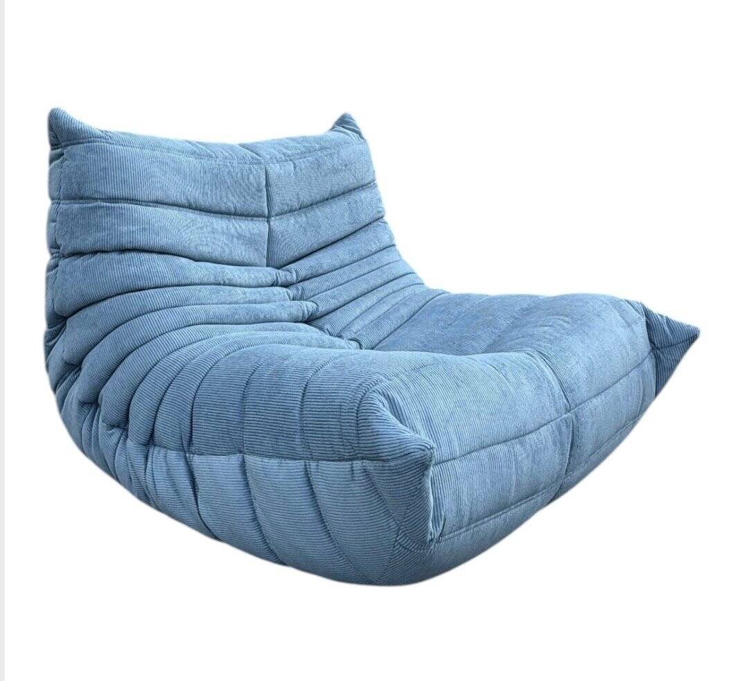 Togo lounge chair in light blue corduroy by Michel Ducaroy for Ligne Roset