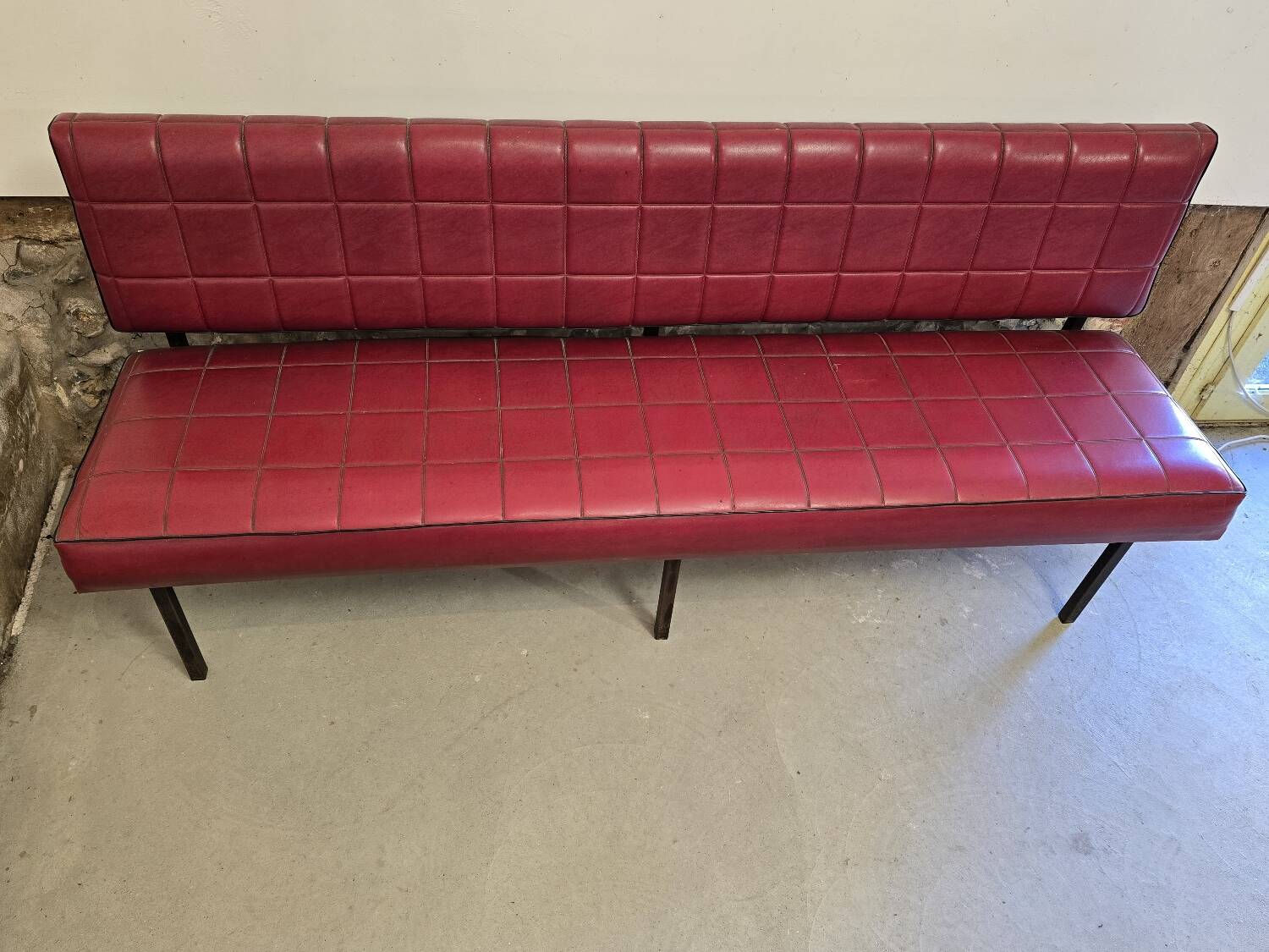 1960s double bistro bench in buttoned burgundy red skai