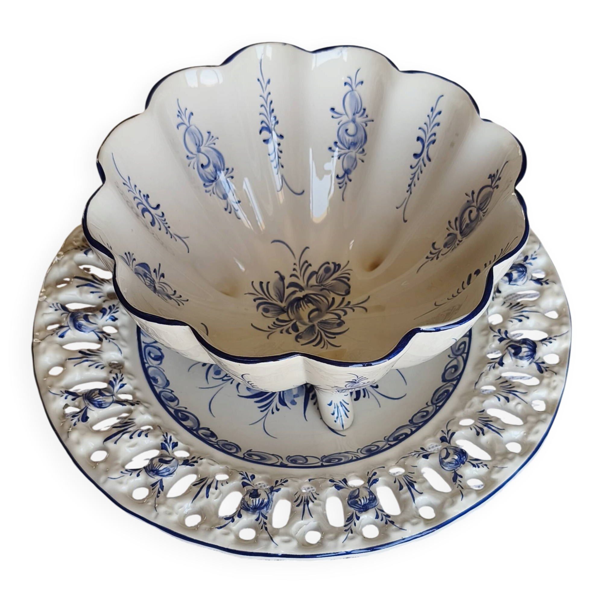 PORTUGUESE PORCELAIN / HAND-PAINTED BOWL AND FOOTED DISH